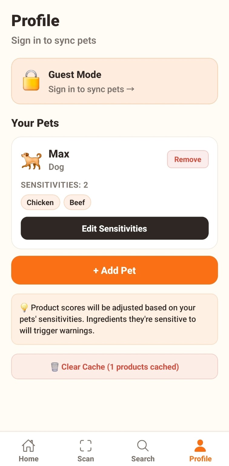 Profile page with pet information and preferences